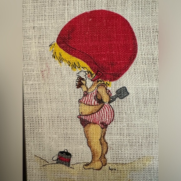 Vintage 1974 Artwork framed picture Lynn Santarlasci child beach ice cream - Picture 3 of 4